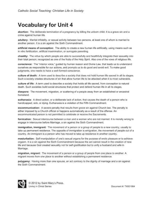 Vocabulary for Unit 4 of “Catholic Social Teaching: Christian Life in