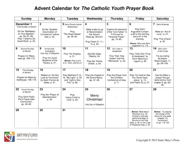 2013 Advent Calendar for The Catholic Youth Prayer Book | Saint Mary's ...